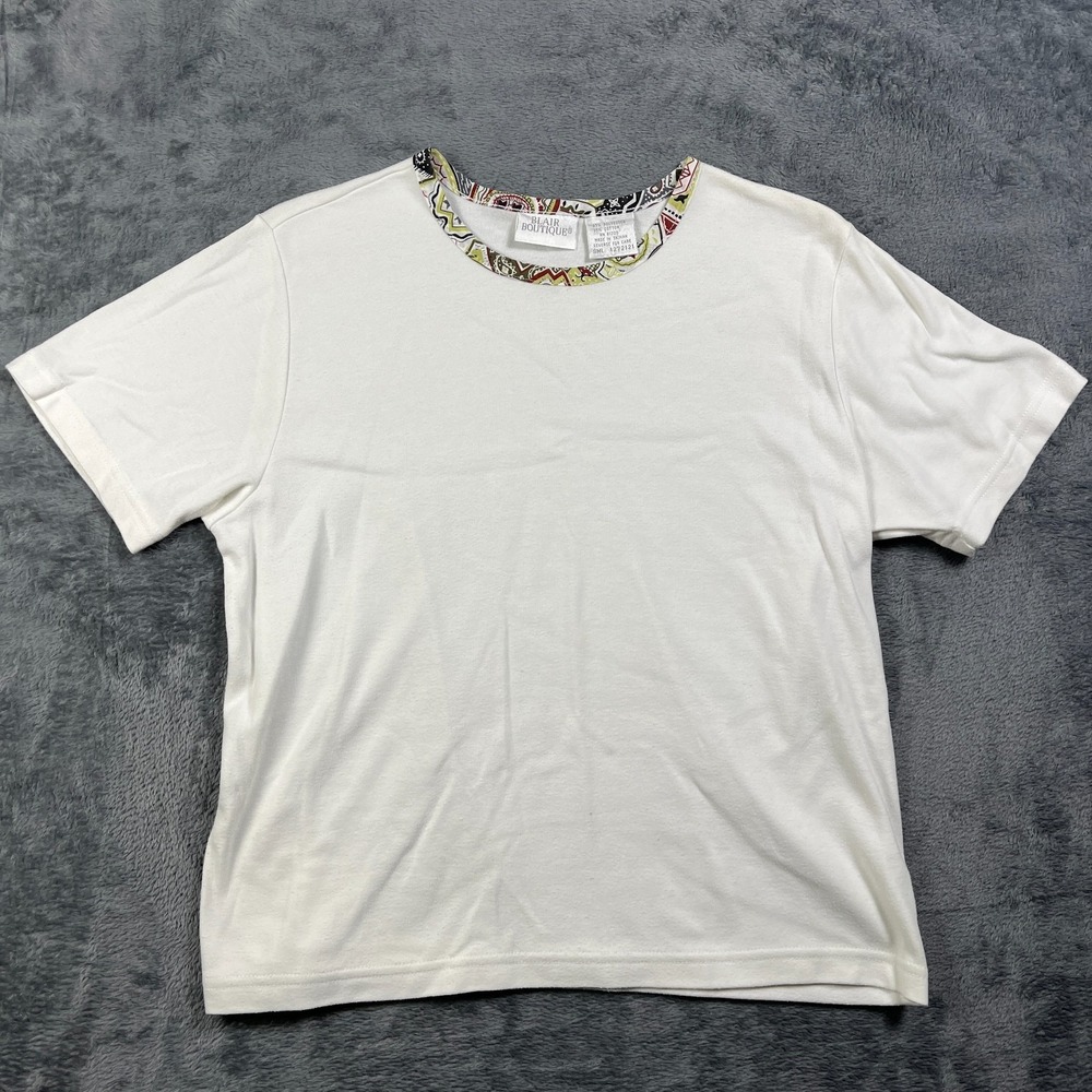 Blair Boutique Top Womens Small White Cotton Geometric Round Neck Short Sleeve